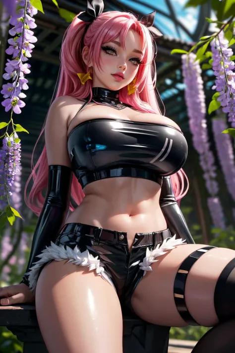 (best quality,4k,highres:1.2), ultra-detailed, (realistic,photorealistic,photo-realistic:1.37), 2 beautiful girls, pink latex costume, pink latex stockings, large breasts, big buttocks, slender waist, choker, pink long hair, park, sakura, in the foreground