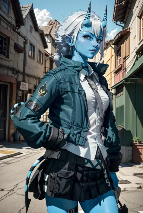 cangjiao, horns,skirt,necktie, jacket,tail,{blue skin},<lora:Ð¡ÑÐºÐ°ÐºÑ Ð¸Ð· Zenless Zone Zero(cangjiao, horns(skirt,necktie, jacket,tail):0.8>, 1girl in full growth, best quality, masterpiece, ultra-detailed, high quality, perfect nose, highly detailed skin, warm skin tone, defiance512, RAW photo, best quality, high resolution, (masterpiece), dreamlike, dreamy, modelshoot style, analog style, tonemapping, photorealistic, professional photography, sharp focus, HDR, 8K resolution, intricate detail, sophisticated detail, hyper detailed, (depth of field), highlight and shadow, volumetric lighting, cinematic bloom, professional light, looking at viewer, blotchy,