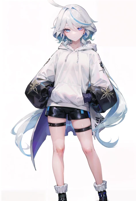 8k, best quality, masterpiece, (ultra-detailed:1.1), (high detailed skin),
(full body:1.2), white background, standing, looking at viewer, solo, hand on hip,
<lora:funingna-con-v100:0.8:lbw=OUTALL>, (flnother:1.2), hood, multicolored hair, white hoodie, hoodie, virtual youtuber, looking at viewer, streaked hair, blue hair, blue eyes, solo, thigh strap, long hair, sleeves past wrists, parted lips, ahoge, white hair, bangs, (flndef:-0.5),
(white background, simple background,:1.2),
<lora:GoodHands-vanilla:0.55>, ( good hands, nice hands:0.5),
(beautiful_face), ((intricate_detail)), clear face,
((finely_detailed)), fine_fabric_emphasis,
((glossy)), full_shot
