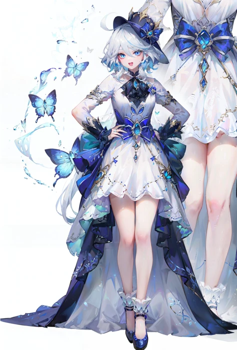 8k, best quality, masterpiece, (ultra-detailed:1.1), (high detailed skin),
(full body:1.2), white background, standing, looking at viewer, solo, hand on hip,
<lora:funingna-con-v100:0.8:lbw=OUTALL>, (flnother:1.2), (flndef:-1.1), (flndance:-1.1), dress, solo, butterfly, bug, white dress, full body, smile, bow, open mouth, hat, white hair, looking at viewer, blue headwear, blue eyes, blue footwear, standing, wedding dress,
(white background, simple background,:1.2),
<lora:GoodHands-vanilla:0.55>, ( good hands, nice hands:0.5),
(beautiful_face), ((intricate_detail)), clear face,
((finely_detailed)), fine_fabric_emphasis,
((glossy)), full_shot