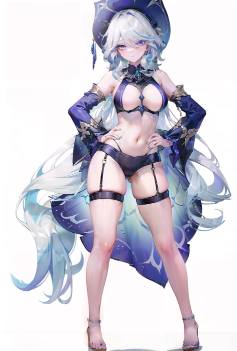 8k, best quality, masterpiece, (ultra-detailed:1.1), (high detailed skin),
(full body:1.2), white background, standing, looking at viewer, solo, hand on hip,
<lora:funingna-con-v100:0.8:lbw=OUTALL>, (flnother:1.2), (flndef:-1.1), (flndance:-1.1), breasts, long hair, money, purple eyes, blush, swimsuit, very long hair, thigh strap, large breasts, bikini, multiple boys, solo focus, navel, blue nails, skindentation, white hair, hat, looking at viewer, cleavage, detached sleeves, pole dancing, revealing clothes, standing,
(white background, simple background,:1.2),
<lora:GoodHands-vanilla:0.55>, ( good hands, nice hands:0.5),
(beautiful_face), ((intricate_detail)), clear face,
((finely_detailed)), fine_fabric_emphasis,
((glossy)), full_shot