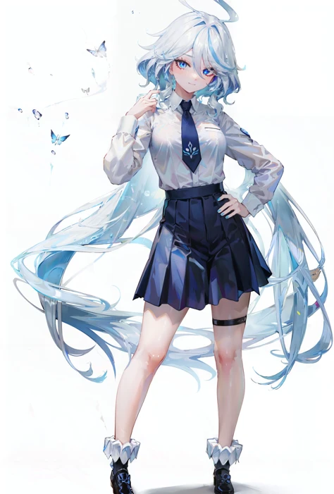 8k, best quality, masterpiece, (ultra-detailed:1.1), (high detailed skin),
(full body:1.2), white background, standing, looking at viewer, solo,
<lora:funingna-con-v100:0.8:lbw=OUTALL>, (flnother:1.2), (flndef:-1.1), (flndance:-1.1), skirt, solo, necktie, shirt, white shirt, blue eyes, sky, multicolored hair, blue skirt, blue hair, long hair, v, blue necktie, pleated skirt, cloud, ahoge, very long hair, collared shirt, smile, streaked hair, blue sky, looking at viewer, long sleeves, hand on hip, blue nails, white hair, thigh strap, bangs, closed mouth, nail polish, school uniform, day, twintails, standing, outdoors, hand up, hair between eyes, dress shirt,
(white background, simple background,:1.2),
<lora:GoodHands-vanilla:0.55>, ( good hands, nice hands:0.5),
(beautiful_face), ((intricate_detail)), clear face,
((finely_detailed)), fine_fabric_emphasis,
((glossy)), full_shot