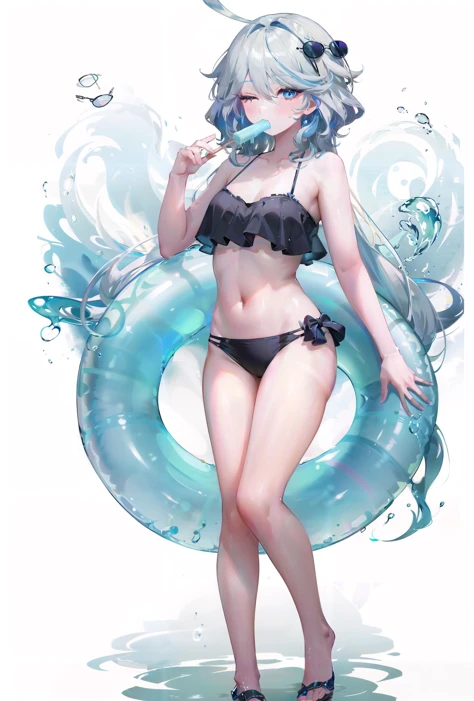 8k, best quality, masterpiece, (ultra-detailed:1.1), (high detailed skin),
(full body:1.2), white background, standing, looking at viewer, solo,
<lora:funingna-con-v100:0.8:lbw=OUTALL>, (flnother:1.2), (flndef:-1.1), (flndance:-1.1), swimsuit, bikini, one eye closed, blue eyes, food, blue hair, outdoors, innertube, solo, sunglasses, eyewear on head, navel, blue bikini, ahoge, cloud, holding, ocean, day, long hair, sky, frilled bikini, looking at viewer, frills, breasts, heart, small breasts, holding food, bangs, popsicle, blue sky, blush,
(white background, simple background,:1.2),
<lora:GoodHands-vanilla:0.55>, ( good hands, nice hands:0.5),
(beautiful_face), ((intricate_detail)), clear face,
((finely_detailed)), fine_fabric_emphasis,
((glossy)), full_shot