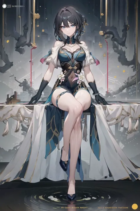simple_black_background, black and white theme, Sense of coordination, sense of order, mathematics beauty, (((cover design))), (((((cover art))))), ((trim)), album_art, official art, (Master's work), full body, ruanmei, 1girl, gloves, blue eyes, black hair, dress, breasts, high heels, chinese clothes, chessboard, chess, white geometry, black geometry, reflection, crystal_art, pattern_design, creative, Mystery pattern, black crystal decorate, black crystal, (architectural art), ((geometric art)), pattern design, creative, lost in hell, ------, Low saturation, grand masterpiece, Perfect composition, film light, light art, <lora:ruanmei-v100:0.8>, <lora:Ichinose_Riko2:0.2>, <lora:w<w[S:0.2>,