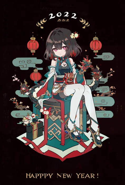 (hyper cute girl:1.1025), (flat color, vector art:1.3401), Chinese dragon theme, beautiful detailed eyes, hyper-detailed, hyper quality, eye-beautifully color, face, (her hair is shaped like a Chinese dragon, Chinese dragon, hair, Chinese dragon:1.2763), (1girl:1.2155), (high details, high quality:1.1576), (backlight:1.1576), high quality, (title:happy new year 2024:1.3), (cover design:1.2), simple background, cover art, trim, album_art, 
/, /, /, /, /, /, /, 
1girl, (chibi), <lora:xueyi-yz-v100:0.8:lbw=OUTALL>, xueyi, 1girl, short hair, black hair, multicolored hair, jewelry, colored inner hair, thighhighs, multicolored eyes, red hair, white thighhighs, 
/, /, /, /, 
(((holding a little Chinese dragon))), (((sitting, Chinese dragon on legs))), [[smile]], large breast, dragon, (((Chinese dragon print))), (Loong:1.2), pajamas, kimono, bare shoulders, 
/, /, /, /, /, /, 
(Chinese text:1.3), (Chinese text æ°å¹´å¿«ä¹:1.3), chinese Greetings, red_bandeau, year of the loong, loong pattern, lantern, red background, ((simple background)), ((happy new year 2024, new year theme, new year, 2024, gift box,)), (red decorations on dragon), ((Chinese new year)), Chinese knot, red ornaments, spring festival, 
/, /, /, /, /, /, /, 
hair with body, CTA dress, CAY leg, Loong hands, body with Loong, dress with Loong, light particles, (Hair with Loong:1.2155), small breast with Loong, 1girl, small breast, marbling with hair and clothes, (original:1.1025), (arm down:1.1025), (paper cutting:1.1025), 
------, 
Low saturation, grand masterpiece, Perfect composition, film light, light art