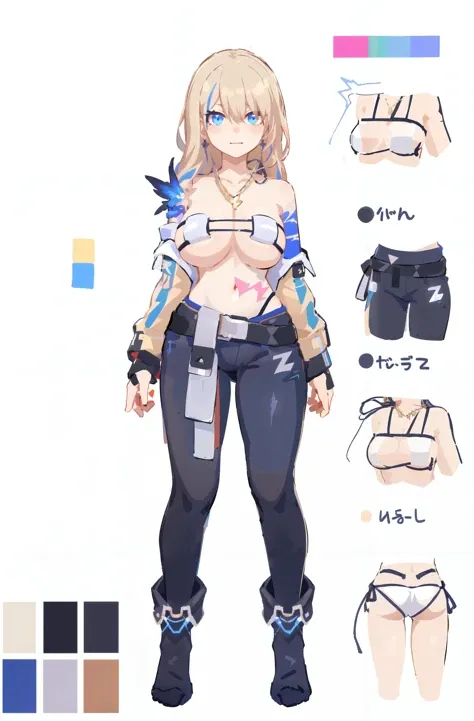 multiple views, pencil sketch, (sketch:1.25), (mature female,large breasts,), ((no shoes)), shy, best quality, graphite \\(medium\\), ske, gradient, rainbow, note, Line draft, highres, absurdres, (ultra-detailed:1.1), (illustration:1.1), (infographic:1.2), pajamas, (all clothes configuration:1.15), (solo), perfectly drawn hands, standing, cohesive background, paper, action, (character design:1.1),
<lora:xiluwa-v100:0.85:lbw=OUTALL>, xiluwa, 1girl, blonde hair, blue hair, multicolored hair, long hair, earrings, blue eyes, jewelry, bare shoulders, bangs, ( Lightning tattoo on waist, Lightning tattoo:1.2),
<lora:Anis_swim_v1:0.7:lbw=MIDD>, anisswimv1, yellow jacket, strapless, star, skindentation, pendant, necklace, medium hair, light brown hair, off shoulder, hair ornament, eyewear on head, white string bikini, micro bikini, bracelet, bangs