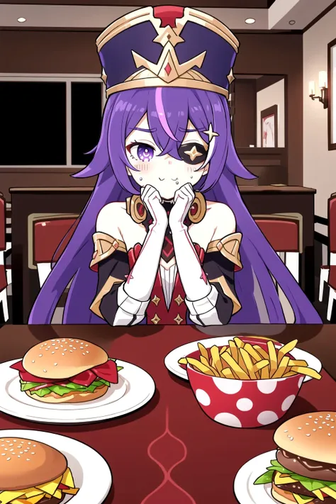 low-angle view, table perspective,

xiawolei, girl, solo, long hair, purple hair, hat, purple eyes, gloves, eyepatch, 

sitting pose, hands on face, elbows on table, [joy expression | hungry expression], blush, emotional stance, eager anticipation, contemplative mood,

cafe setting, indoors, fast food table, french fries on table, tempting food

dining atmosphere

<lora:xiawolei-v100:0.65>