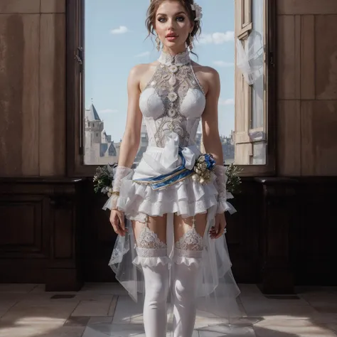 (full body shot:1.4), photogenic adult female, huajia,1girl,rita rossweisse,mole under eye,brown hair,hair over one eye, (big tits, fake tits, big implants, perfect round tits, wedding dress,earrings,jewelry,bride,white dress,white gloves,short hair,white thighhighs,hair ornament, AGGA_ST044, AGGA_ST030, AGGA_ST039, AGGA_ST028, AGGA_ST038, AGGA_ST027, standing, (standing pose, dynamic pose:1.2), (inside a majestic castle, moody castle, marble floors, beautiful candle holders standing on the floor), window in the background, moody, cinemascope, detailed, 8k resolution, (masterpiece, best quality, hires, high resolution:1.2), (extremely detailed, realistic, intricate details, highres), (cinematic lighting, sunlight, volumetric), vibrant colors, blurry, blurry background, embedding:Positives\epiCRealism,