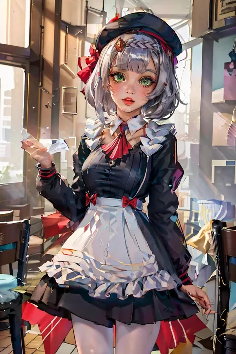 (masterpiece, best quality), 1girl,   <lora:noellet-v100:1> noelledef, official alternate costume, waitress, noellenew, green eyes, employee uniform, hat, braid, white pantyhose, bangs,