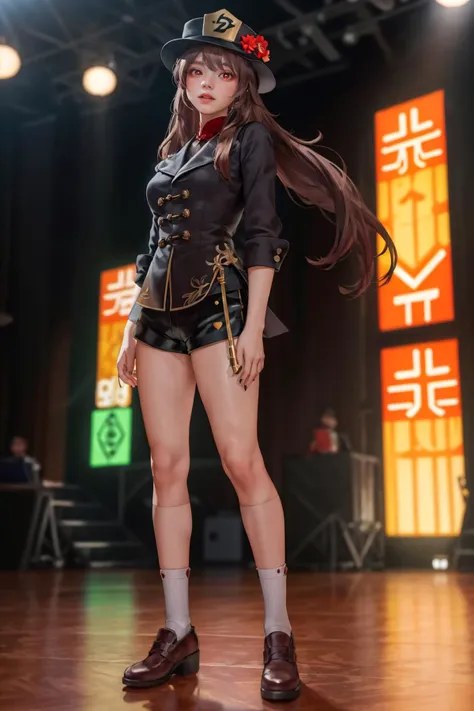 8K,highres,absurdres,masterpiece,best quality,original,extremely detailed CG,extremely detailed wallpaper,perfect lighting,<lyco:GoodHands-beta2:1>,1girl,blurry_background,looking_at_viewer,standing on the stage,
<lora:hutaonew-v3-v100:0.6>,(hutaodef:1.2),black shorts,black hat with hat flower,twintails,plumeyes,red eyes,brown hair,