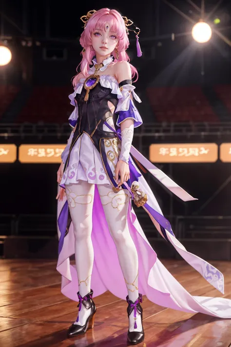 8K,highres,absurdres,masterpiece,best quality,original,extremely detailed CG,extremely detailed wallpaper,perfect lighting,<lyco:GoodHands-beta2:1>,1girl,blurry_background,looking_at_viewer,standing on the stage,
<lora:fuxuan-v2-v100:0.6>,fuxuan,dress,hair ornament,long hair,purple eyes,pink hair,bangs,pantyhose,detached sleeves,hair stick,