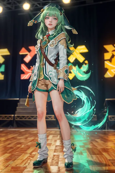 8K,highres,absurdres,masterpiece,best quality,original,extremely detailed CG,extremely detailed wallpaper,perfect lighting,<lyco:GoodHands-beta2:1>,1girl,blurry_background,looking_at_viewer,standing on the stage,
<lora:huohuo-v100:0.6>,huohuo,hat,green hair,long hair,animal ears,tail,