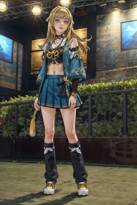 8K,highres,absurdres,masterpiece,best quality,original,extremely detailed CG,extremely detailed wallpaper,perfect lighting,<lyco:GoodHands-beta2:1>,1girl,blurry_background,looking_at_viewer,standing on the stage,
<lora:yll-v100-v2:0.6>,yll,green eyes,long hair,tail,hair ornament,bangs,animal ears,blonde hair,skirt,black choker,pleated skirt,