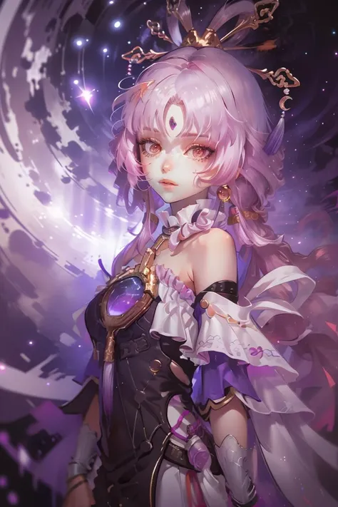 (Basic Photo:1.3) of (Rough sketch:1.3) <lora:fuxuan-v2-v100:1> long hair, fuxuan, bangs, hair ornament, dress, looking at viewer, pink hair, bare shoulders, purple hair, small breasts, forehead mark, butterfly, glowing, detailed,,Highly Detailed,(Hypersaturated:1.3)