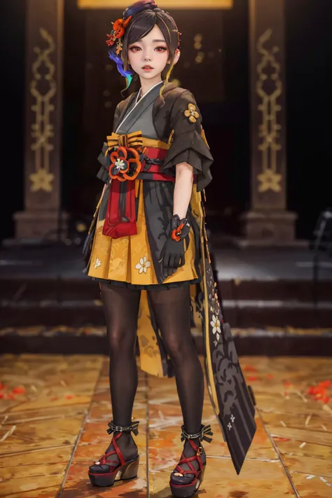 8K,highres,absurdres,masterpiece,best quality,original,extremely detailed CG,extremely detailed wallpaper,perfect lighting,<lyco:GoodHands-beta2:1>,1girl,blurry_background,looking_at_viewer,standing on the stage,
<lora:qianzhi-v100:0.6>,qianzhi,gloves,black gloves,hair ornament,japanese clothes,pantyhose,kimono,red eyes,flower,black footwear,multicolored hair,