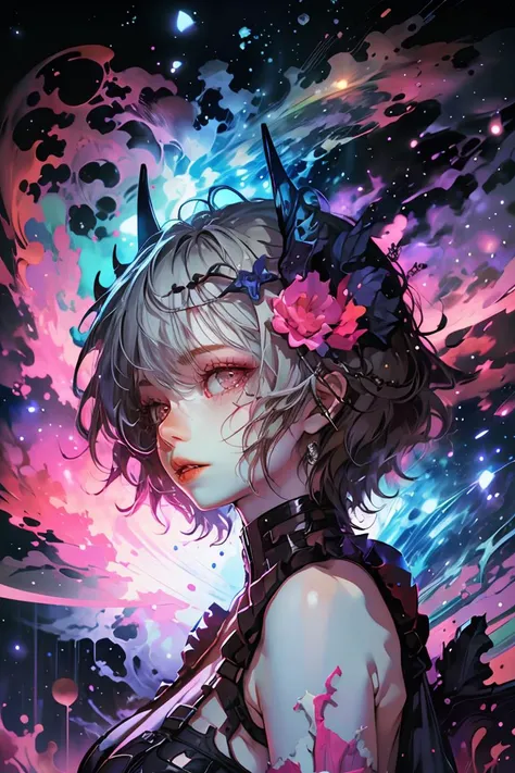 (Clever Photo:1.3) of <lora:bomu-v100:.65> 1girl, breasts, bomu, rita rossweisse, short hair, (horns:1.1), hands, gloves, hair ornament, (flower:1.1), bare shoulders (nebula background:1.2), (glowing:1.3) (pale skin:1.2), butterflies, glowing wings,Highly Detailed,(Saturated:1.3),(close portrait:1.3),thematic background
