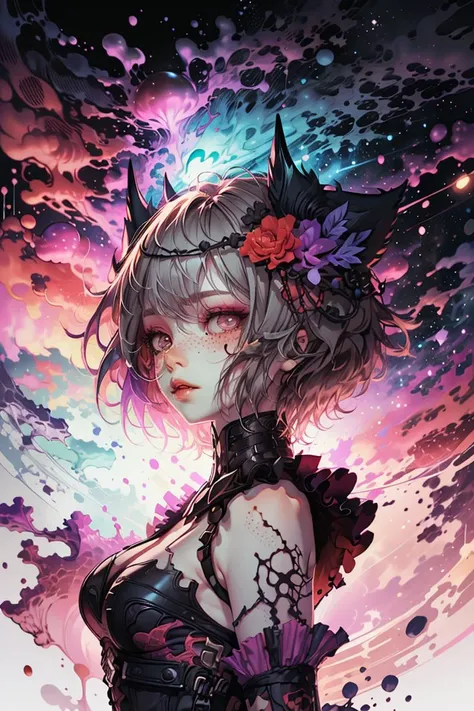 (Understandable Vector image:1.3) of <lora:bomu-v100:.65> 1girl, breasts, bomu, rita rossweisse, short hair, (horns:1.1), hands, gloves, hair ornament, (flower:1.1), bare shoulders (nebula background:1.2), (glowing:1.3) makeup, freckles, cat ears,(Flat style:1.3),Illustration,Behance,(Pastel Colors:1.3),(close portrait:1.3),thematic background