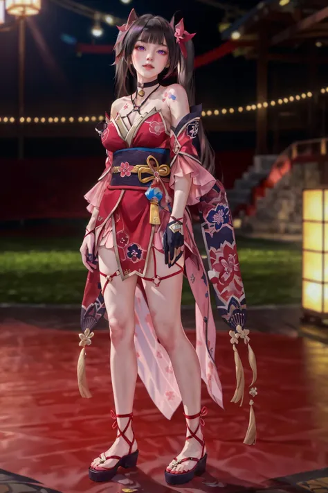 8K,highres,absurdres,masterpiece,best quality,original,extremely detailed CG,extremely detailed wallpaper,perfect lighting,<lyco:GoodHands-beta2:1>,1girl,blurry_background,looking_at_viewer,standing on the stage,
<lora:huahuo-v100:0.6>,huahuo,1girl,single_glove,mask on head,sash,black hair,twintails,purple eyes,obi,(fox mask:1.1),single glove,japanese clothes,(Cherry blossom tattoo, chest tattoo:1.1),