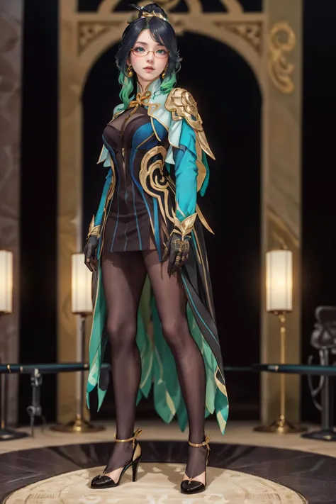 8K,highres,absurdres,masterpiece,best quality,original,extremely detailed CG,extremely detailed wallpaper,perfect lighting,<lyco:GoodHands-beta2:1>,1girl,blurry_background,looking_at_viewer,standing on the stage,
<lora:xianyun-v100:0.6>,xianyun,chinese clothes,ponytail,hair stick,hair ornament,glasses,jewelry,earrings,multicolored hair,black hair,dress,standing,gloves,green hair,red-framed eyewear,black pantyhose,