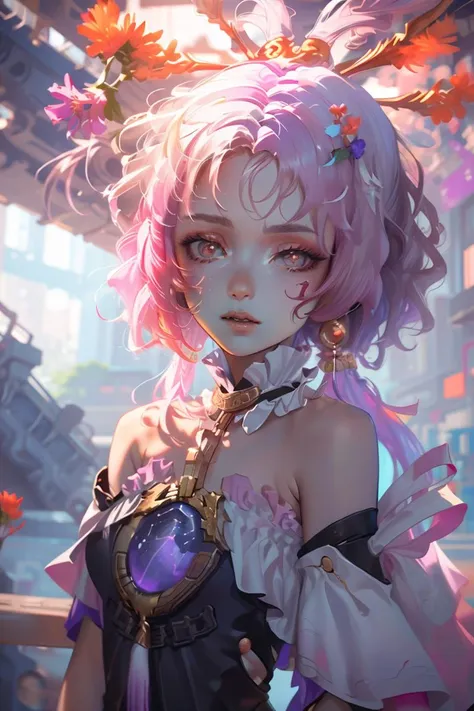 (Understandable Drawing:1.3) of (Realistic:1.3) <lora:fuxuan-v2-v100:1> long hair, fuxuan, bangs, hair ornament, dress, looking at viewer, pink hair, bare shoulders, purple hair, small breasts, forehead mark, outdoors, flowers,,(Infrared:1.3)