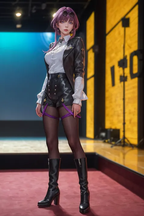 8K,highres,absurdres,masterpiece,best quality,original,extremely detailed CG,extremely detailed wallpaper,perfect lighting,<lyco:GoodHands-beta2:1>,1girl,blurry_background,looking_at_viewer,standing on the stage,
<lora:kafuka-v100:0.6>,kafuka,gloves,pantyhose,purple hair,sunglasses,eyewear on head,large breasts,white shirt,black short,black footwear,bangs,long sleeves,purple eyes,jacket,ankle_high_heel_boots,