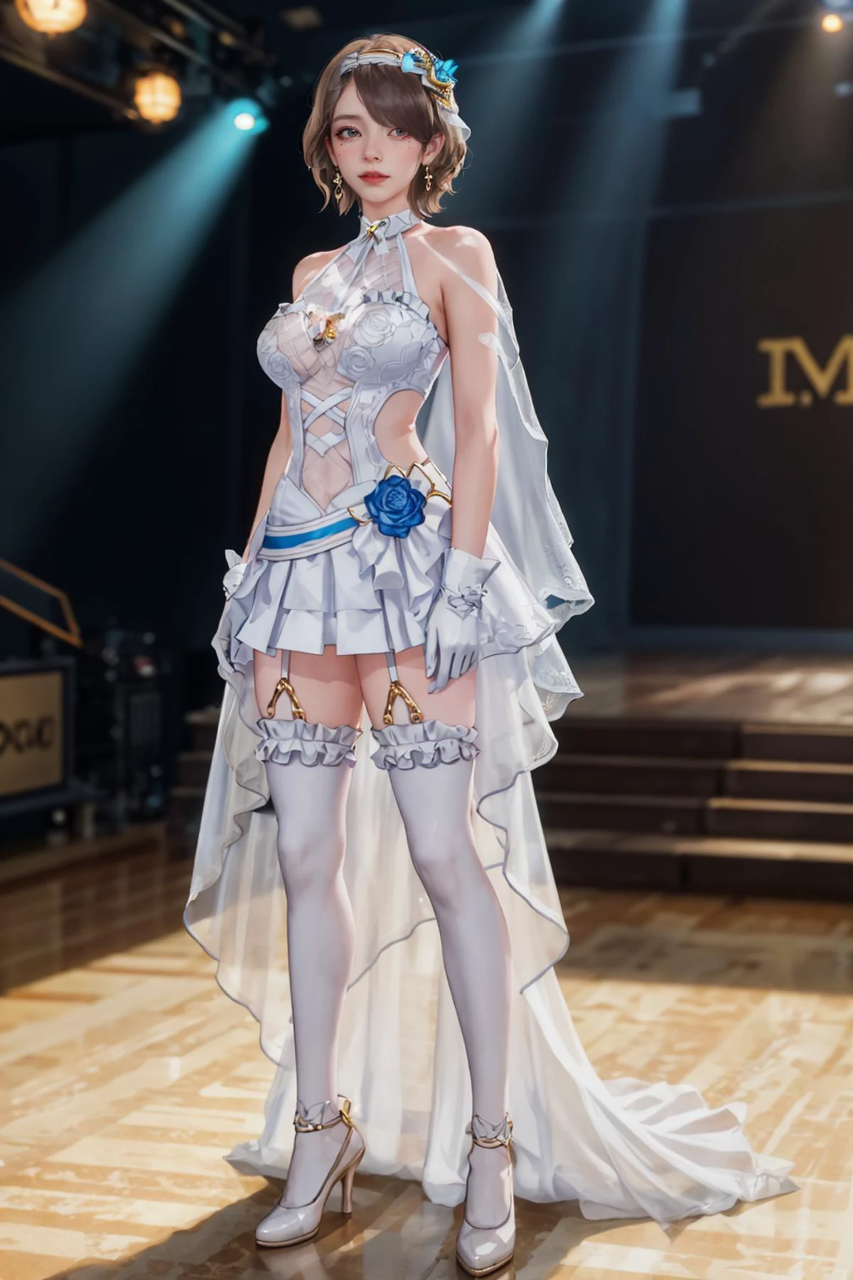 8K,highres,absurdres,masterpiece,best quality,original,extremely detailed CG,extremely detailed wallpaper,perfect lighting,<lyco:GoodHands-beta2:1>,1girl,blurry_background,looking_at_viewer,standing on the stage,
<lora:lthuajia-v100:0.6>,huajia,rita rossweisse,wedding dress,earrings,hair over one eye,jewelry,brown hair,bride,white dress,white gloves,short hair,white thighhighs,hair ornament,mole under eye,
