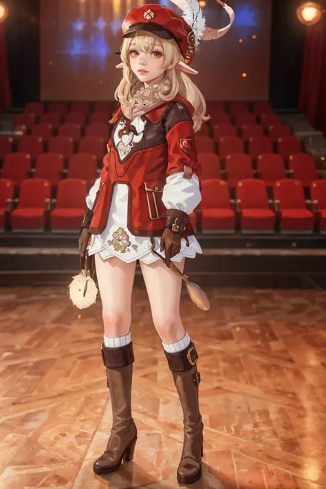 8K,highres,absurdres,masterpiece,best quality,original,extremely detailed CG,extremely detailed wallpaper,perfect lighting,<lyco:GoodHands-beta2:1>,1girl,blurry_background,looking_at_viewer,standing on the stage,
<lora:kleere-v100:0.6>,kleedef,beret,klee (genshin impact),red coat,brown scarf,long hair,leather gloves,bangs,randoseru,ahoge,hair between eyes,hat feather,