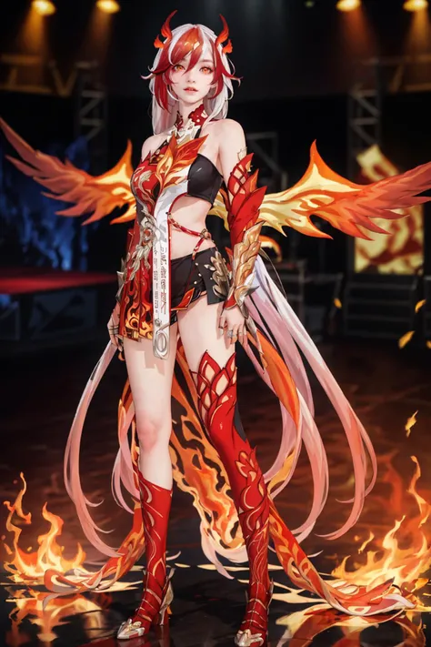 8K,highres,absurdres,masterpiece,best quality,original,extremely detailed CG,extremely detailed wallpaper,perfect lighting,<lyco:GoodHands-beta2:1>,1girl,blurry_background,looking_at_viewer,standing on the stage,
<lora:fuhuabengluo-v100:0.6>,fuhua,long hair,multicolored hair,red eyes,streaked hair,bangs,white hair,fire wings,skirt,
