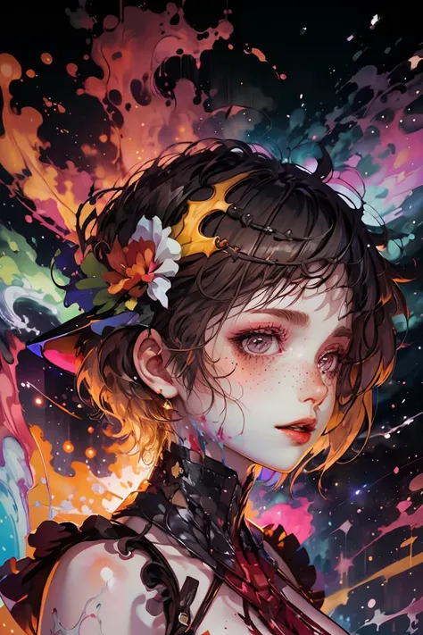 (Damaged Painting:1.3) of <lora:bomu-v100:.65> 1girl, breasts, bomu, rita rossweisse, short hair, (horns:1.1), hands, gloves, hair ornament, (flower:1.1), bare shoulders (nebula background:1.2), (glowing:1.3) (pale skin:1.2), freckles, makeup,(Yellow hue:1.3),(close portrait:1.3),thematic background