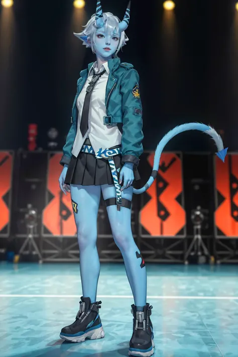 8K,highres,absurdres,masterpiece,best quality,original,extremely detailed CG,extremely detailed wallpaper,perfect lighting,<lyco:GoodHands-beta2:1>,1girl,blurry_background,looking_at_viewer,standing on the stage,
<lora:cangjiao-v100:0.6>,cangjiao,horns,skirt,necktie,jacket,tail,blue skin
