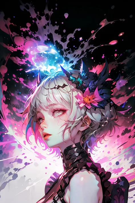 (Light hearted Vector image:1.3) of <lora:bomu-v100:.65> 1girl, breasts, bomu, rita rossweisse, short hair, (horns:1.1), hands, gloves, hair ornament, (flower:1.1), bare shoulders (nebula background:1.2), (glowing:1.3) (pale skin:1.2), butterflies, glowing wings,(Flat style:1.3),Illustration,Behance,(High Contrast:1.3),(close portrait:1.3),thematic background