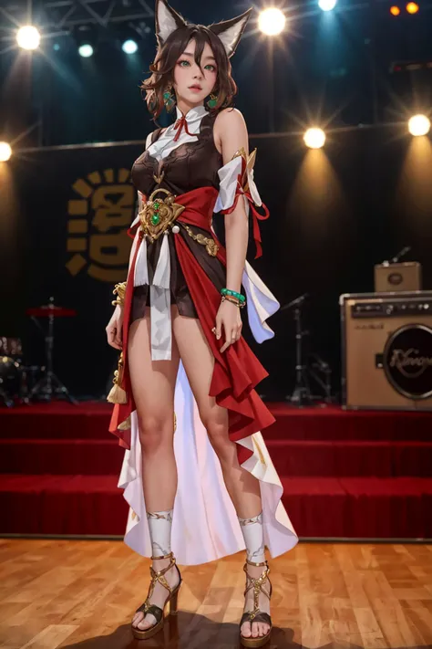 8K,highres,absurdres,masterpiece,best quality,original,extremely detailed CG,extremely detailed wallpaper,perfect lighting,<lyco:GoodHands-beta2:1>,1girl,blurry_background,looking_at_viewer,standing on the stage,
<lora:tingyun-v4-v100:0.6>,tingyun,animal ears,green eyes,dress,animal ear fluff,brown hair,jewelry,bracelet,hair between eyes,breasts,chinese clothe,