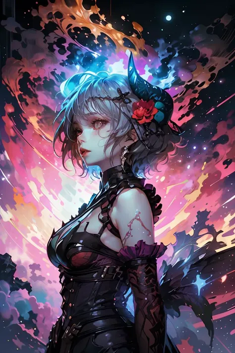(Rough Photo:1.3) of <lora:bomu-v100:.65> 1girl, breasts, bomu, rita rossweisse, short hair, (horns:1.1), hands, gloves, hair ornament, (flower:1.1), bare shoulders (nebula background:1.2), (glowing:1.3) (pale skin:1.2), (oil painting:1.3),Highly Detailed,(Warm Colors:1.3),(close portrait:1.3),thematic background