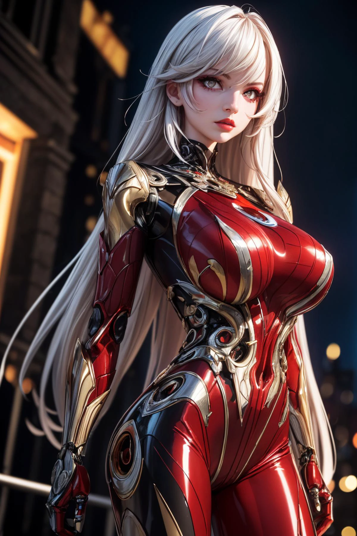 (ultra realistic,32k,RAW photo:1.1),(high detailed skin:1.1), 8k uhd, dslr, high quality, film grain,(makeup, mascara:1.1), lips,(thick\lips\),
(shiny glossy translucent clothing:1.1), <lora:fuhuabengluo-v100:0.5>fuhua, 1girl, long hair, multicolored hair, (red eyes:0.9), streaked hair, bangs, white hair,, <lora:add_detail:0.88>, (huge breast:1.1), (upper body:1.1)
(looking at viewer, standing from below:1.1),,
(busty:1.1) , (chubby:0.1),(ambient lighting:1.1),<lora:LowRA:0.4>, dark theme, cybernetic fashion show, avant-garde cybernetic designs, robotic models, futuristic fashion trends