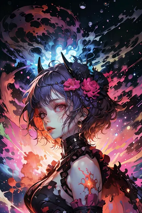 (Compressed Drawing:1.3) of <lora:bomu-v100:.65> 1girl, breasts, bomu, rita rossweisse, short hair, (horns:1.1), hands, gloves, hair ornament, (flower:1.1), bare shoulders (nebula background:1.2), (glowing:1.3) (pale skin:1.2), (oil painting:1.3),,(Vivid Colors:1.3),(close portrait:1.3),thematic background