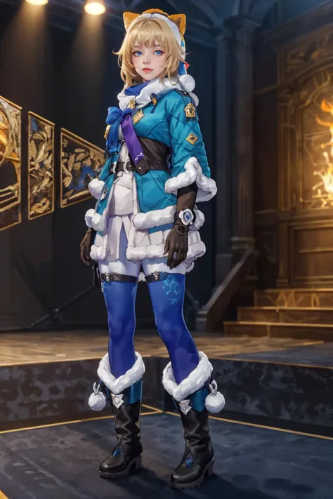8K,highres,absurdres,masterpiece,best quality,original,extremely detailed CG,extremely detailed wallpaper,perfect lighting,<lyco:GoodHands-beta2:1>,1girl,blurry_background,looking_at_viewer,standing on the stage,
<lora:linke-v100:0.6>,linke,blue eyes,gloves,fur-trimmed boots,pantyhose,fur trim,blonde hair,hat,black footwear,fur-trimmed sleeves,skirt,