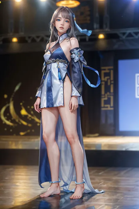 8K,highres,absurdres,masterpiece,best quality,original,extremely detailed CG,extremely detailed wallpaper,perfect lighting,<lyco:GoodHands-beta2:1>,1girl,blurry_background,looking_at_viewer,standing on the stage,
<lora:guizhong-v100:0.6>,guizhong,long hair,barefoot,dress,blue eyes,chinese clothes,long sleeves,