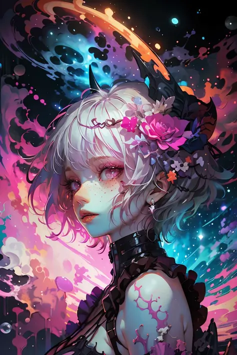 (Unsuccessful Painting:1.3) of <lora:bomu-v100:.65> 1girl, breasts, bomu, rita rossweisse, short hair, (horns:1.1), hands, gloves, hair ornament, (flower:1.1), bare shoulders (nebula background:1.2), (glowing:1.3) (pale skin:1.2), freckles, makeup,(Magenta hue:1.3),(close portrait:1.3),thematic background