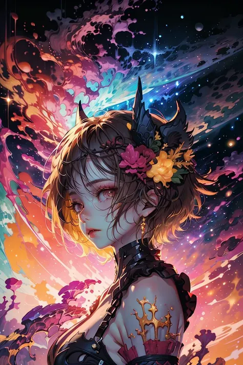 (Universal Painting:1.3) of <lora:bomu-v100:.65> 1girl, breasts, bomu, rita rossweisse, short hair, (horns:1.1), hands, gloves, hair ornament, (flower:1.1), bare shoulders (nebula background:1.2), (glowing:1.3) (oil painting:1.3),,(Yellow hue:1.3),(close portrait:1.3),thematic background