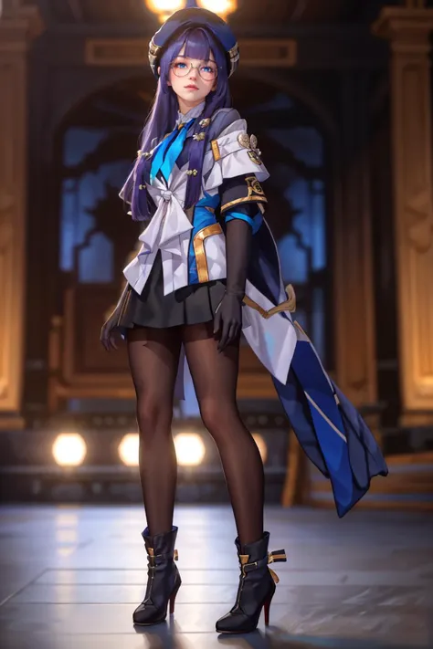8K,highres,absurdres,masterpiece,best quality,original,extremely detailed CG,extremely detailed wallpaper,perfect lighting,<lyco:GoodHands-beta2:1>,1girl,blurry_background,looking_at_viewer,standing on the stage,
<lora:pela-v100:0.6>,pela,pantyhose,elbow gloves,glasses,hat,long hair,blue eyes,bangs,high heels,skirt,long sleeves,