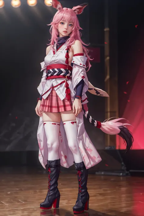 8K,highres,absurdres,masterpiece,best quality,original,extremely detailed CG,extremely detailed wallpaper,perfect lighting,<lyco:GoodHands-beta2:1>,1girl,blurry_background,looking_at_viewer,standing on the stage,
<lora:wunv-v100:0.6>,wunv,white thighhighs,chihaya (clothing),(long animal ears),(rabbit ears:0.8),fox mask,boots,pink hair,mask,long hair,pink skirt,japanese clothes,bangs,