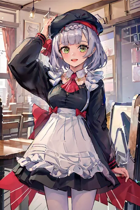 (masterpiece, best quality), 1girl, <lora:noellet-v100:1> noelledef, official alternate costume, waitress, noellenew, green eyes, employee uniform, hat, braid, white pantyhose, bangs,