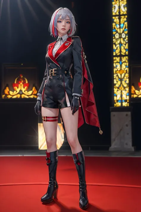 8K,highres,absurdres,masterpiece,best quality,original,extremely detailed CG,extremely detailed wallpaper,perfect lighting,<lyco:GoodHands-beta2:1>,1girl,blurry_background,looking_at_viewer,standing on the stage,
<lora:tuopa-v100:0.6>,tuopa,black gloves,black footwear,multicolored hair,shorts,streaked hair,blue eyes,single thigh strap,silver and red hair,