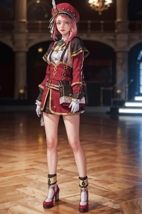8K,highres,absurdres,masterpiece,best quality,original,extremely detailed CG,extremely detailed wallpaper,perfect lighting,<lyco:GoodHands-beta2:1>,1girl,blurry_background,looking_at_viewer,standing on the stage,
<lora:Charlotte-v100:0.6>,Charlotte,white gloves,hat,pink hair,red headwear,aqua eyes,leg grab,(monocle:1.1),