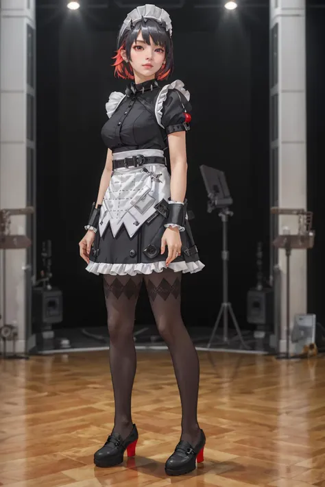 8K,highres,absurdres,masterpiece,best quality,original,extremely detailed CG,extremely detailed wallpaper,perfect lighting,<lyco:GoodHands-beta2:1>,1girl,blurry_background,looking_at_viewer,standing on the stage,
<lora:sharkmaid-v100:0.6>,maid,Ellen Joe,1tail,shark girl,(shark:-0.5),red eyes,tail,pantyhose,multicolored hair,black footwear,short sleeves,apron,wrist cuffs,maid headdress,