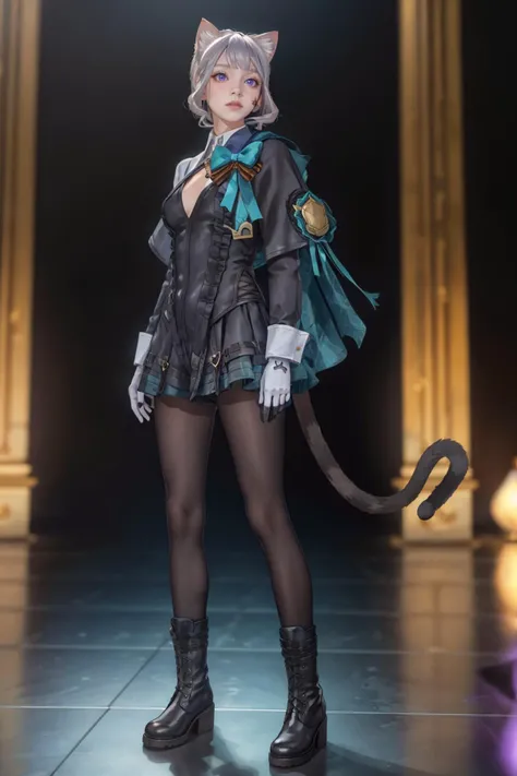 8K,highres,absurdres,masterpiece,best quality,original,extremely detailed CG,extremely detailed wallpaper,perfect lighting,<lyco:GoodHands-beta2:1>,1girl,blurry_background,looking_at_viewer,standing on the stage,
<lora:lnt-v2-v100:0.6> lnt,purple eyes,cat ears,long hair,(star facial mark:1.1),grey hair,bangs,tail,black footwear,bow,long sleeves,dress,white gloves,boots,black pantyhose,