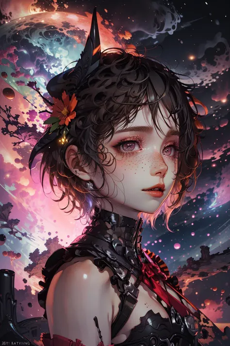 (Rough Professional 3D rendering:1.3) of <lora:bomu-v100:.65> 1girl, breasts, bomu, rita rossweisse, short hair, (horns:1.1), hands, gloves, hair ornament, (flower:1.1), bare shoulders (nebula background:1.2), (glowing:1.3) makeup, freckles, oil painting,CGSociety,ArtStation,(Infrared:1.3),(close portrait:1.3),thematic background