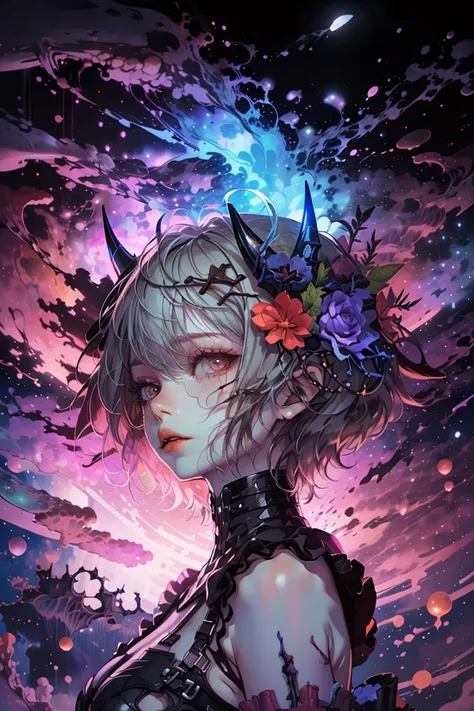 (Childish Drawing:1.3) of <lora:bomu-v100:.65> 1girl, breasts, bomu, rita rossweisse, short hair, (horns:1.1), hands, gloves, hair ornament, (flower:1.1), bare shoulders (nebula background:1.2), (glowing:1.3) butterflies, glowing wings,,(Technicolor:1.3),(close portrait:1.3),thematic background