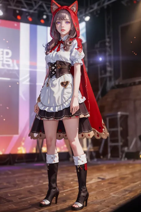 8K,highres,absurdres,masterpiece,best quality,original,extremely detailed CG,extremely detailed wallpaper,perfect lighting,<lyco:GoodHands-beta2:1>,1girl,blurry_background,looking_at_viewer,standing on the stage,
<lora:rglx-v100:0.6>,rglx,purple eyes,red hood,cat ears hood,dress,red cape,white waist apron,