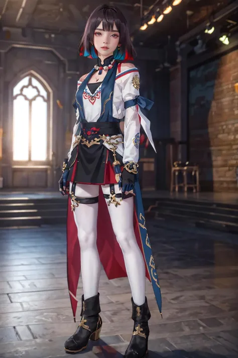8K,highres,absurdres,masterpiece,best quality,original,extremely detailed CG,extremely detailed wallpaper,perfect lighting,<lyco:GoodHands-beta2:1>,1girl,blurry_background,looking_at_viewer,standing on the stage,
<lora:xueyi-yz-v100:0.6>,xueyi,short hair,black hair,multicolored hair,jewelry,colored inner hair,multicolored eyes,red hair,white thighhighs,
